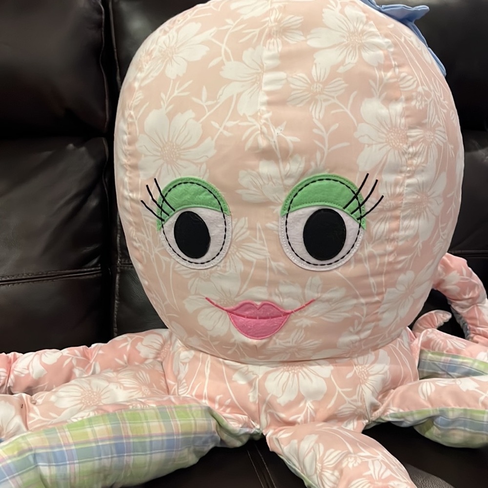 Jumbo Pottery Barn Kids Pink Octopus Plush Floral Plaid Stuffed Animal - Picture 4 of 7
